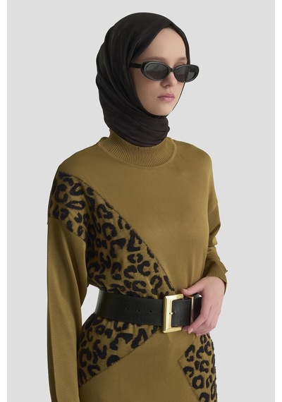 Armine Trend Leopar Desenli Triko Tunik Yağ Yeşili 25ytd4109 Yağ Yeşili