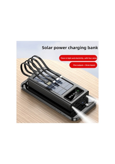 20000 Mah Güneş Enerjili Powerbank Ios Android Uyum Lcd Ekranlı Type C Mikro Usb Lightning Çıkışlı Siyah