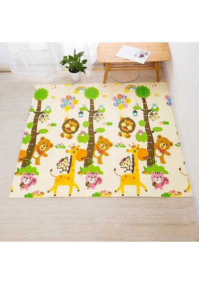 Delt Yol Desenli-hayvanlı Çift Taraflı Katlanabilir Oyun Matı Oyun Halısı 150x200x1 Cm Çantalı