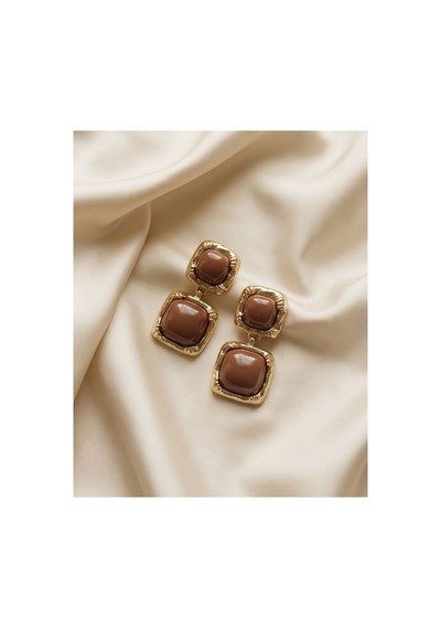 Kare Vintage Sallantılı Küpe Kahverengi Kahverengi