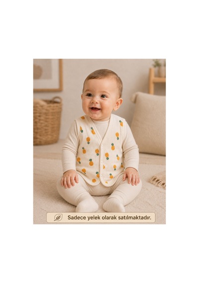 The Two Unisex Bebek Bej Ananas Desenli Örme Yelek 6-24 Ay Pamuk