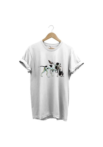 Avcılık Hunting Renkli Pointer Setter Köpekleri Baskılı %100 Pamuk Regular Fit Bisiklet Yaka T-shirt Beyaz