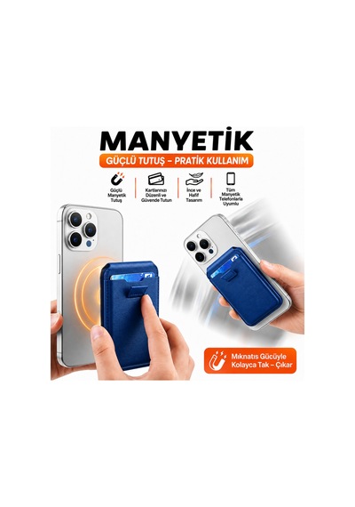 Magsafe Cüzdan Kartlık Güçlü Manyetik Standlı Telefon Kartlığı İphone Uyumlu Deri Cüzdan Lacivert