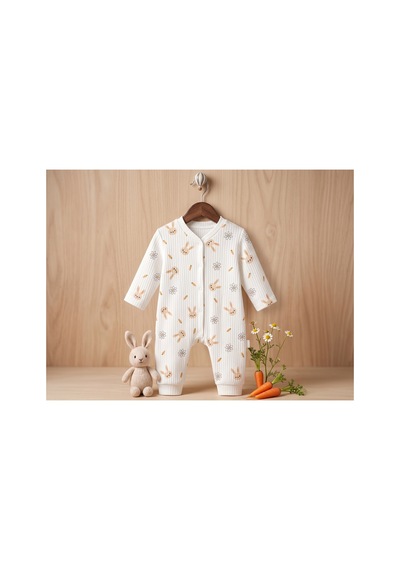 Deniva Kids Unisex Bebek Fitilli Pamuklu Sevimli Tavşan Desenli Çıtçıtlı Uzun Kollu Tulum Beyaz