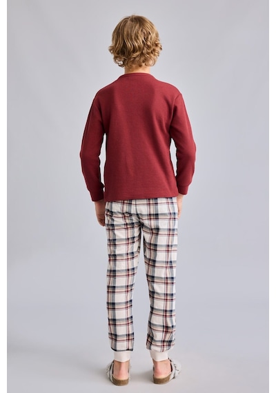 Defacto Regular Fit Henley Yaka Waffle Üst Ekose Alt 2li Pijama Takımı Erkek Çocuk I1444a826aubr281 Bordo-br281