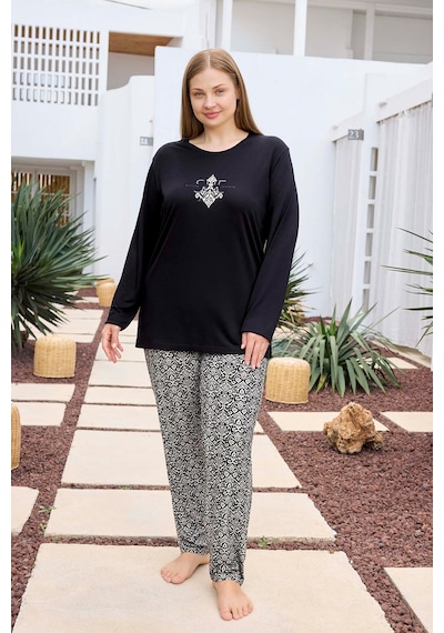 Aydoğan Kadın İnci Büyük Beden She Is Me Siyah Pijama Takımı 0492 Siyah