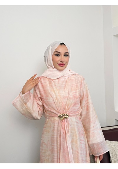 Mihran Butik Silk Model Kemerli Bilek Büzgü Desen Detaylı Kadın Elbise Pudra