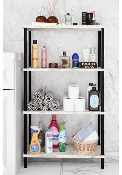 Çevir Kur Kolay Kurulum 4 Katlı Banyo Rafı Metal Gövdeli Çok Amaçlı Organizer Stand Banyo Dolabı Beyaz Mermer