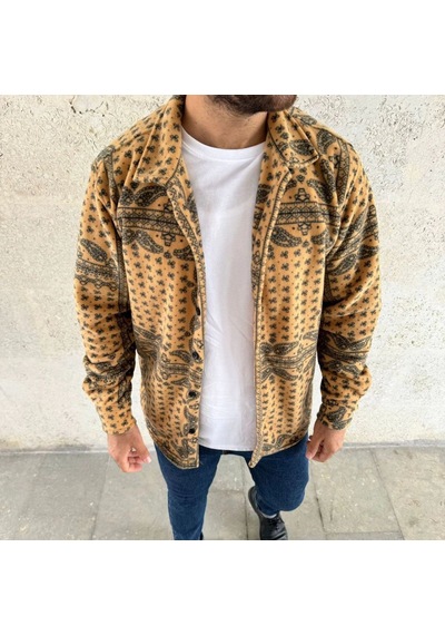 Mbb E-ticaret Erkek Düğmeli Gömlek Polar Sweatshirt Yumuşak Dokulu Oversize Kalıp -sarı