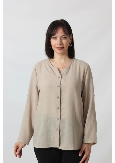 Moda Berray Tb-069 Keten Kolu Apoletli Sıfır Yaka Büyük Beden Taş Rengi Gömlek Bej