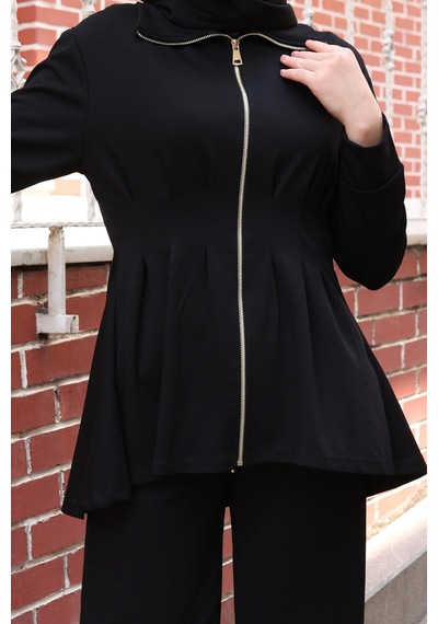 Balenbi Kadın Oversize Kesim Beli Pileli Ful Fermuarlı Modal Takım 1235 Siyah
