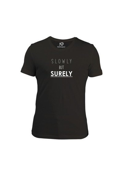 Erkek Bisiklet Yaka Siyah Tshirt Slowly But Surely Baskılı 001