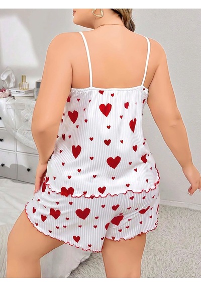 Senoramoda Büyük Beden Kalp Desen Pamuklu Şortlu Pijama Takımı Beyaz