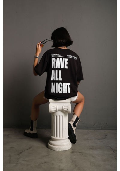 Technomonkey Unisex Siyah Oversize Rave All Night Baskılı Tişört
