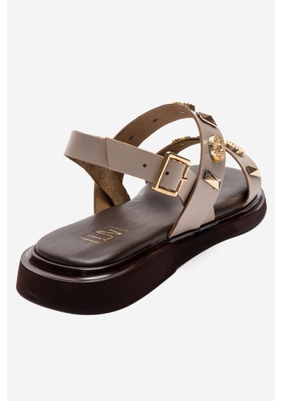 Luvishoes Lıbera Bej Hakiki Deri Tokalı Kadın Sandalet