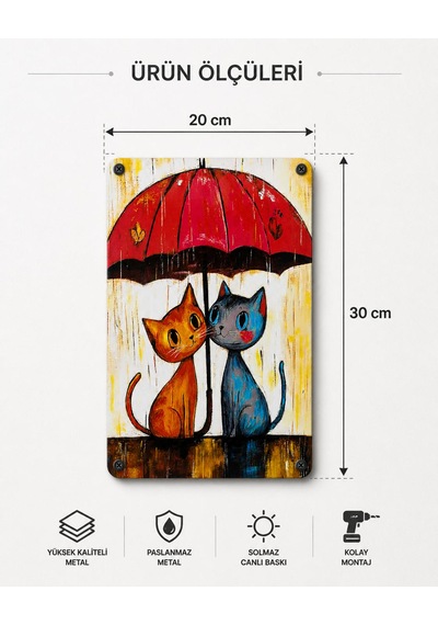 Upeka 2'li Kedi Temalı Şık Modern Tasarım Dekorasyon Metal Duvar Tablo 30cmx20cm