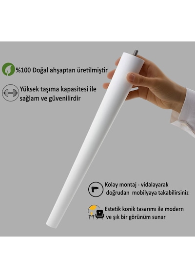 4 Adet Ahşap Ayak 50 Cm Beyaz M8 Civatalı Bağlantı Aparatlı Mobilya Tabure Sehpa Masa Destek Ayağı Beyaz