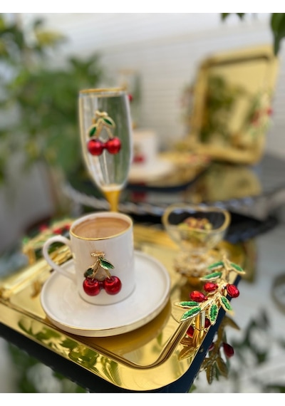 Atabey Home Collection 6'lı Kahve & Çay & Sunum Tepsisi Gold Tepsi Zeytin Dali & Kiraz Modele Uyumlu