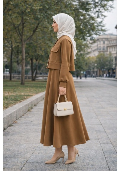 Esra Butik78 Scuba Kumaş Tesettür Etekli Takım Düğmeli Ceket A Kesim Uzun Etek Şık Kombin Kahverengi Esra Butik78 Scuba Kumaş Tesettür Etekli Takım Düğmeli Ceket A Kesim Uzun Etek Şık Kombin Kahverengi