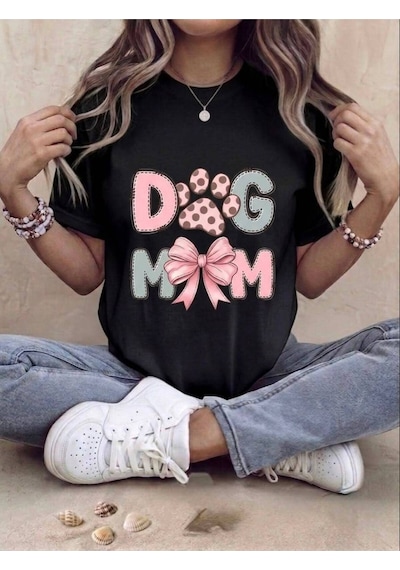 Kadın Dog Mom Baskılı Pamuklu T-shirt Siyah