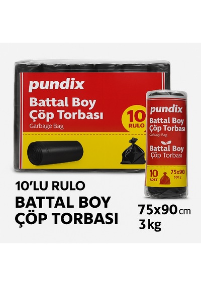 Pundix Pundıx Battal Boy Çöp Torbası 75x90 Cm 10 Lu Rulo Opp Ambalajlı Toplam 3 Kg Dayanıklı, Sızdırmaz Ve Geniş Hacimli Çöp Poşeti