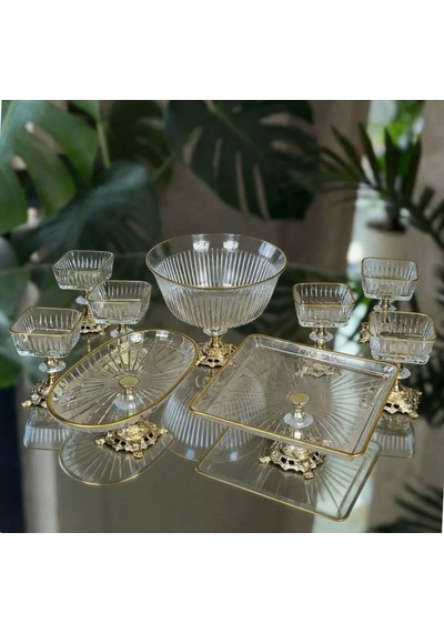 Çnr Home Collection Paşabahçe Gold Detayli Metal Ayakli Senum & Servis Seti Pasta, Magnolia, Kurabiyelik Gold