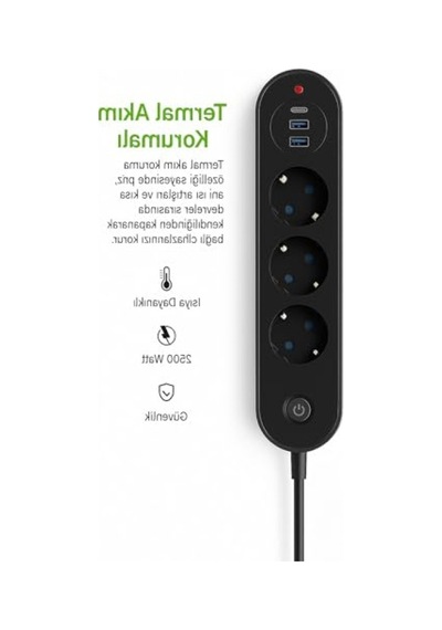 3 Lü Priz 2 Usb-a + 1 Usb-c Termal Akım Korumalı, 2500w Güç, Aç/kapa Anahtarlı