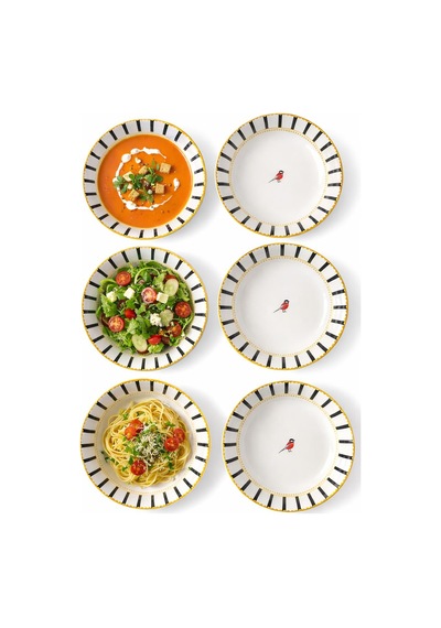 6 Lı Çukur Tabak Seti Siyah Şeritli Kuş Desenli Şık Yemek Tabağı & Modern Sofra Sunum Tabağı 19 Cm
