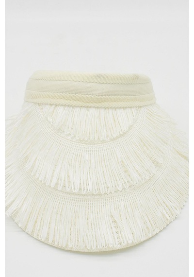 Kadın Hasır Saçaklı Boho Vizör Şapka Beyaz Ss24 - Beyaz