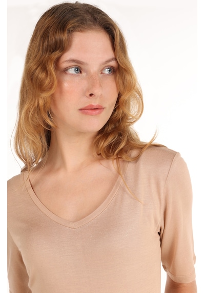 Colin's Colins Regular Fit V Yaka Basic Bej Kadın Kısa Kol Tişört Cl1065178 Bej