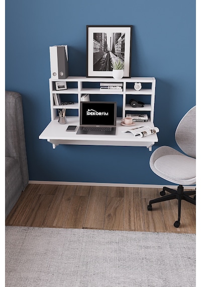Df01104cm Duvara Monte Katlanır Çalışma Masası Raflı Duvar Masası, Minimal Tasarım Beyaz