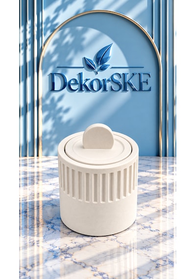 Dekorske - Taş Tozu Kapaklı Dekoratif Kutu - 10x8 Cm - Çizgili Tasarım - Çok Amaçlı Saklama Kutusu Dekoratif Objeler