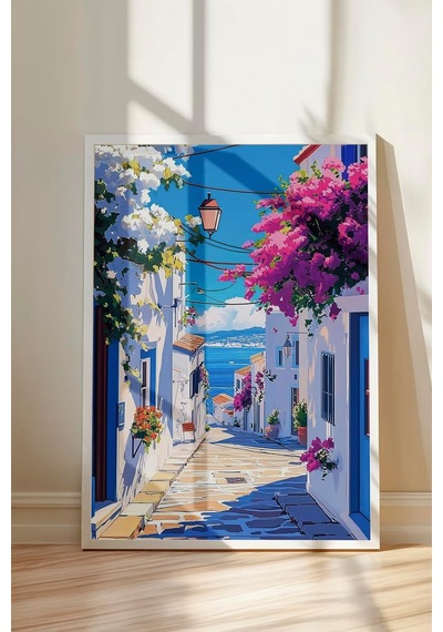 Zestia Beyaz Çerçeveli Tablo, Yunan Adası Sokak Manzarası, Balkon Dekoru Poster No: 111245 50 X 70