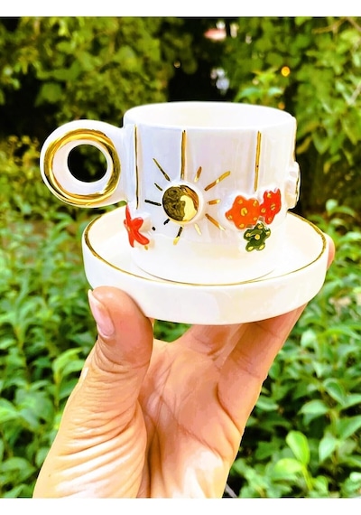 Premium Kalite 24 Ayar Altın Detaylı El Yapımı Fincan Christmas Cup Espresso Demitasse Cw00042 Beyaz - Çok Renkli