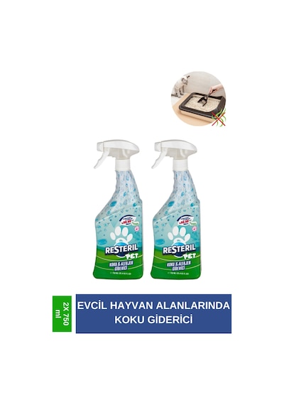 Resteril Pet Koku  Kedi si Köpek Yatağı Dezenfektan Etkiili Yüzey Temizleyici 2 x 750 ML