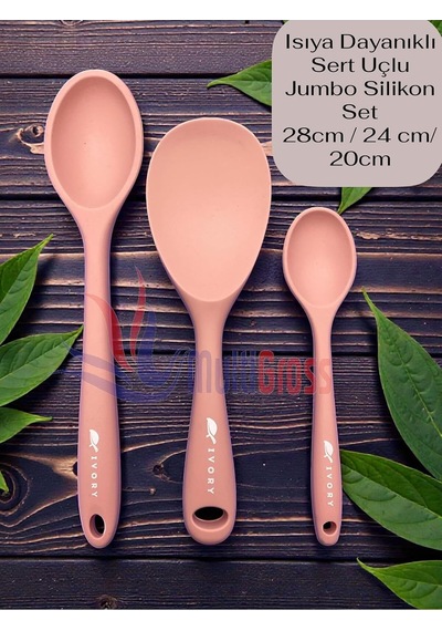 Tr Sert Uçlu Isıya Dayanıklı Silikon Kaşık Seti, 28 Cm, 24 Cm, 20 Cm, Pembe