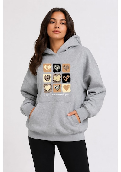 Herkesemoda Küçük Leopar Kalpler Baskılı Kapüşonlu 2 İplik Şardonlu Sweatshirt Gri