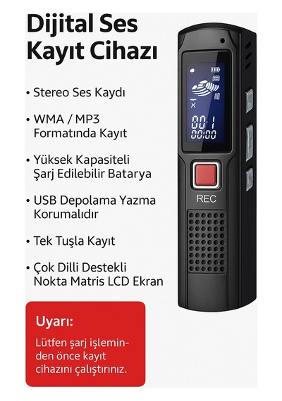 8 Gb Dijital Ses Kayıt Cihazı Stereo Kayıt Tek Tuşla Kullanım Minimal Tasarım, Maksimum Ses Kalitesi