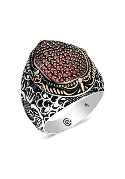 Gümüş Kırmızı Zirkon Taşlı Oval Erkek Yüzük Gümüş