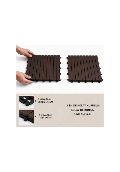 %100 Akasya Ahşap Deck Karo 50x50 Cm Geçmeli Click Sistem 1 Koli 4 Adet 1 M² Balkon Teras Bahçe Havuz Banyo