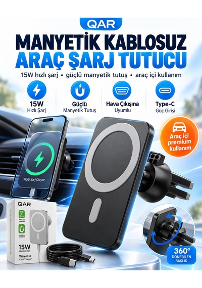 15w Manyetik Kablosuz Araç Şarj Cihazı Havalandırma Izgarasına Takılan Güçlü Mıknatıslı Telefon Tutucu Araç İçi Kablosuz Şarj Standı