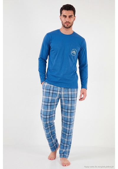 Buratti Ekoseli Pamuklu Bisiklet Yaka Pijama Takımı Erkek Pijama Takımı 6575007 Mavi