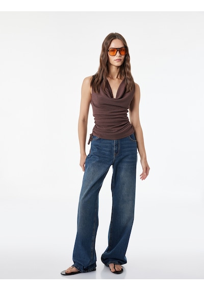 Koton Slim Fit Kolsuz Bürümcük Bağlama Detaylı Degaje Yaka Büzgülü Bluz Kahverengi 6sal60050ık Kahve