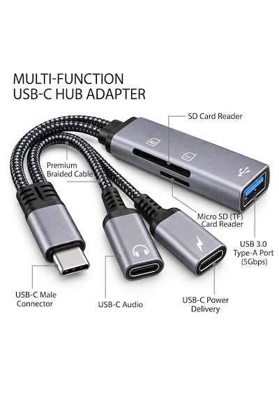 Type-c Otg 5 İn 1 Usb Sd Micro Sd Kart Okuyucu Şarj Ve Kulaklık Adaptörü