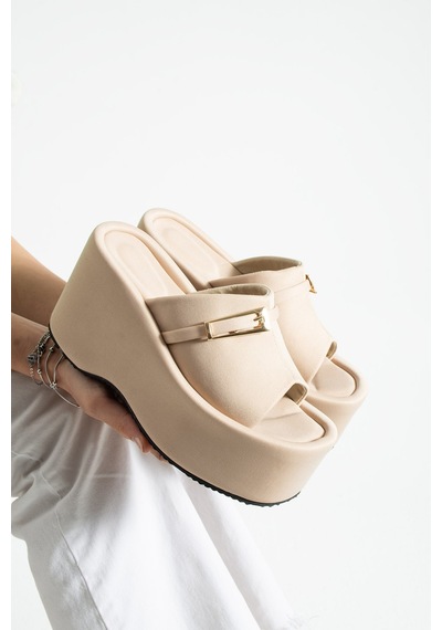 Dabab Shoes Lunara Kadın Bej Kumaş 10 Cm Platform Topuk Tokalı Kalın Taban Terlik Sandalet
