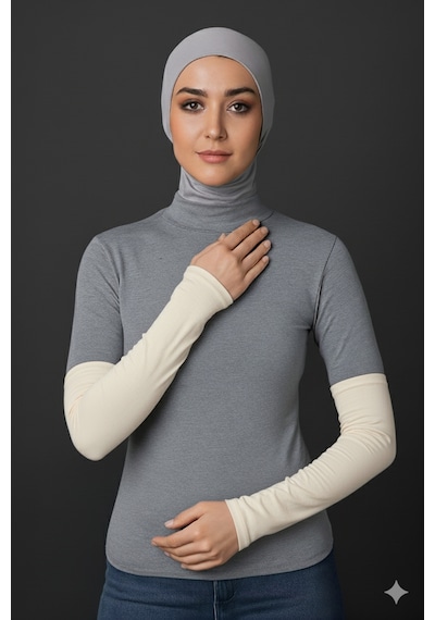 Sonbaharmoda Kadın Tesettür Likralı Esnek Düz Penye Kolluk Ekru