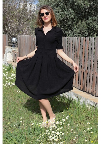 Barbora Keten Günlük Yazlık Ofis Kadın Elbisesi Bt208siyah3 001