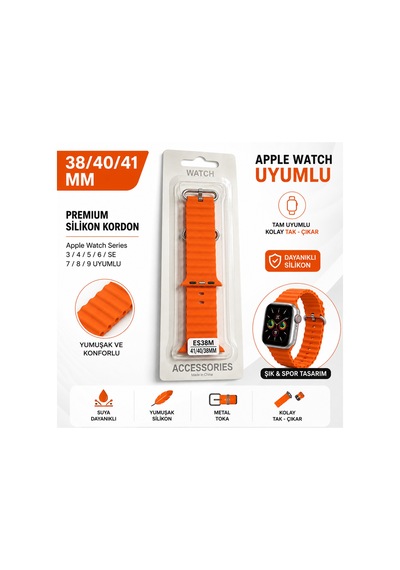 Apple Watch 38/40/41 Mm Uyumlu Turuncu Silikon Kordon Kayış Series 3/4/5/6/7/8/9/se Turuncu - 907225730