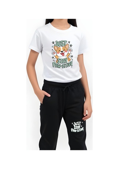Panios Kids Just Stay Paw Baskılı Kız Çocuk Tişört Ve Eşofman Alt-üst Takım Beyaz
