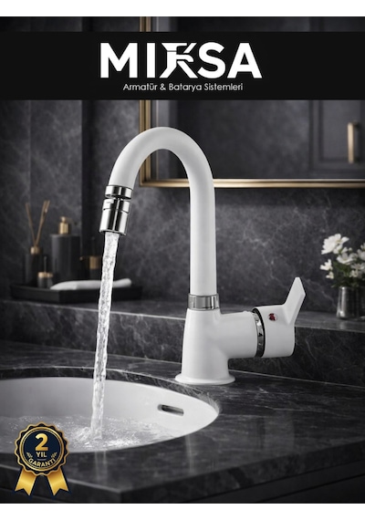 Beyaz-krom Armut Baston Borulu Oynar Başlıklı Perlatörlü Banyo Lavabo Bataryası, Çiftsugirişli